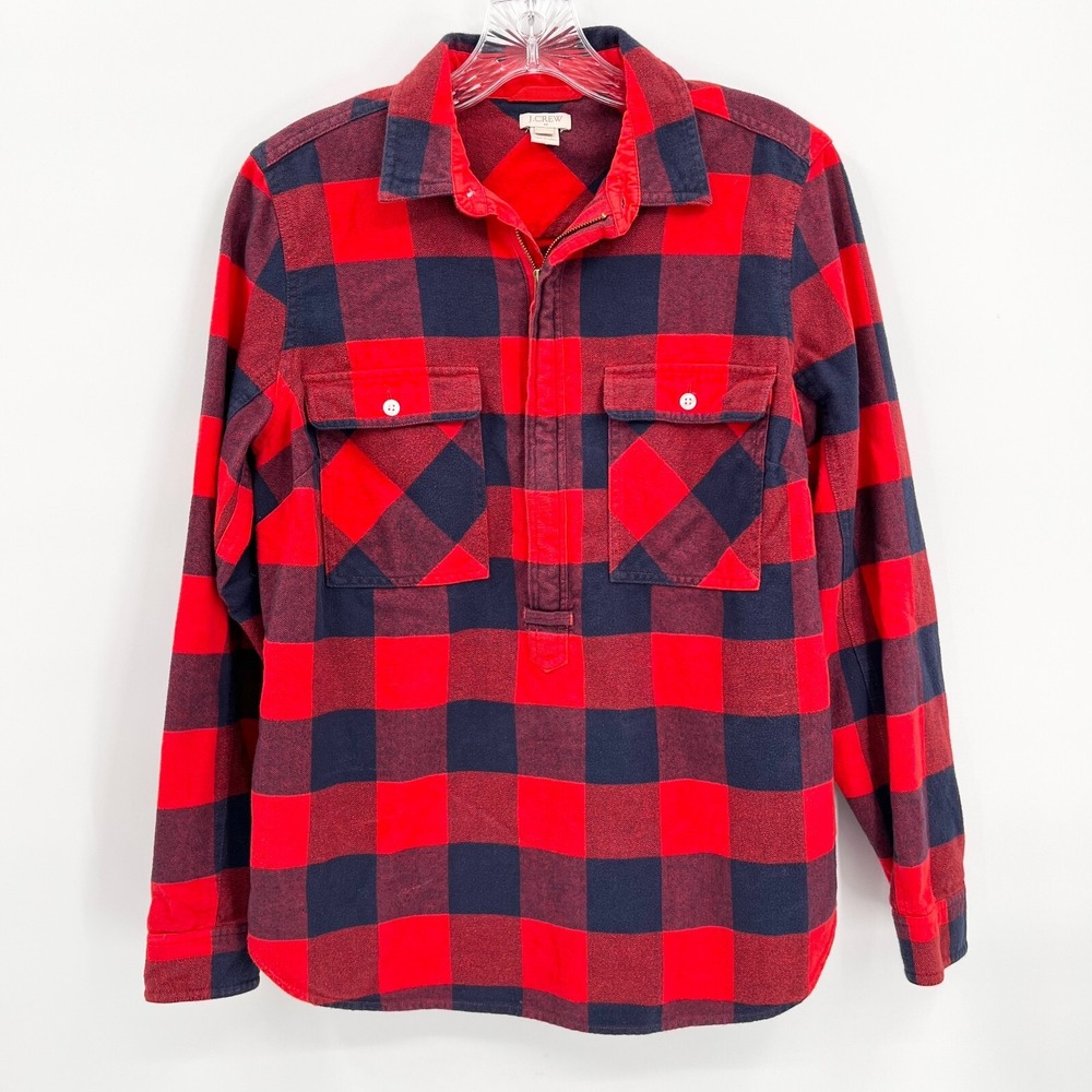 J CREW Women's Sz XS Navy Blue/Red Buffalo Plaid 1/2-Zip Pullover Flannel Shirt